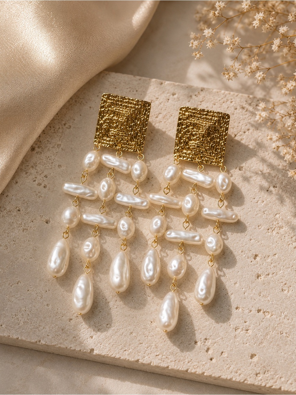 Gold and Pearl Drop Chandelier Earrings - Bridal Women Jewelry - Picture 3 of 6